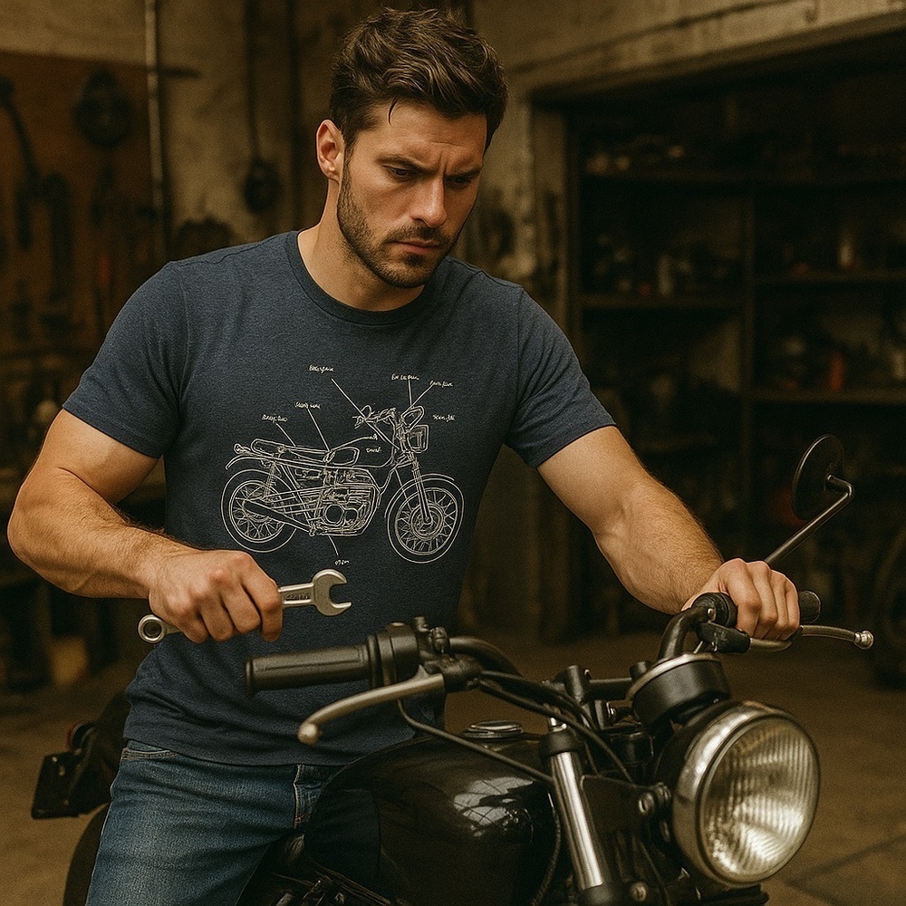 NWOT Motorcycle Anatomy Men’s Graphic Tee M Heather Blue